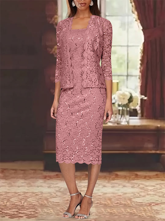Sheath/Column 2 Pieces Scoop Lace Mother of the Bride Dresses with Jacket 3/4 Sleeves Knee-Length