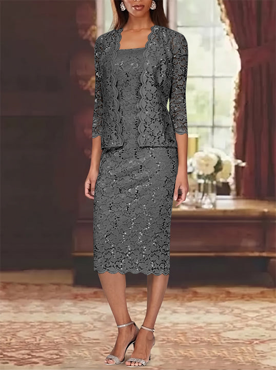 Sheath/Column 2 Pieces Scoop Lace Plus Size Mother of the Bride Dresses with Jacket 3/4 Sleeves Knee-Length