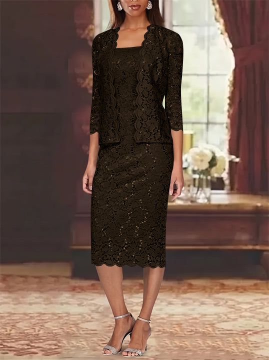 Sheath/Column 2 Pieces Scoop Lace Plus Size Mother of the Bride Dresses with Jacket 3/4 Sleeves Knee-Length