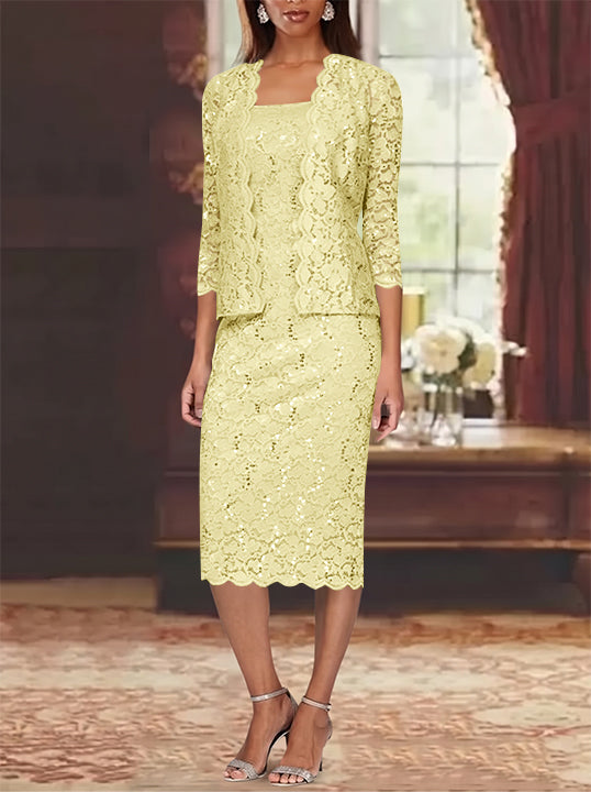 Sheath/Column 2 Pieces Scoop Lace Plus Size Mother of the Bride Dresses with Jacket 3/4 Sleeves Knee-Length