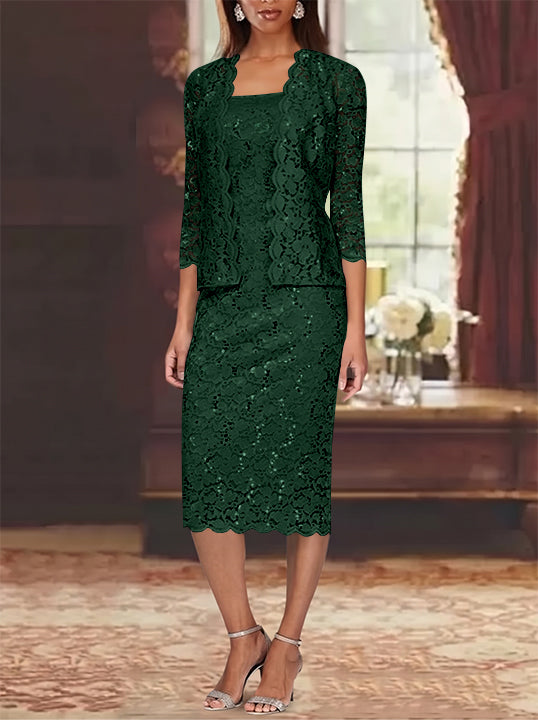 Sheath/Column 2 Pieces Scoop Lace Plus Size Mother of the Bride Dresses with Jacket 3/4 Sleeves Knee-Length