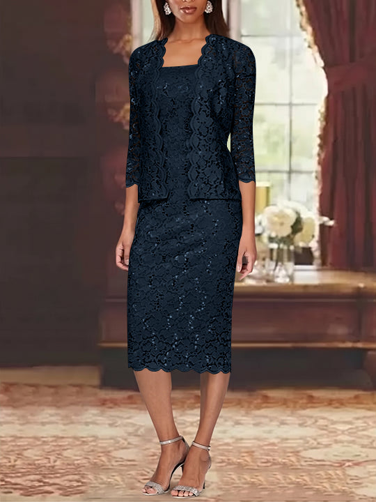 Sheath/Column 2 Pieces Scoop Lace Plus Size Mother of the Bride Dresses with Jacket 3/4 Sleeves Knee-Length