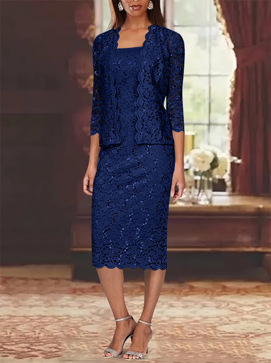 Sheath/Column 2 Pieces Scoop Lace Plus Size Mother of the Bride Dresses with Jacket 3/4 Sleeves Knee-Length