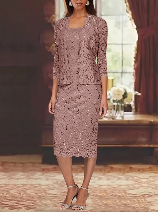Sheath/Column 2 Pieces Scoop Lace Plus Size Mother of the Bride Dresses with Jacket 3/4 Sleeves Knee-Length