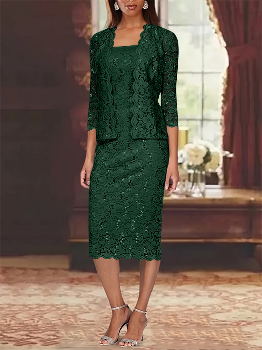 Sheath/Column 2 Pieces Scoop Lace Plus Size Mother of the Bride Dresses with Jacket 3/4 Sleeves Knee-Length