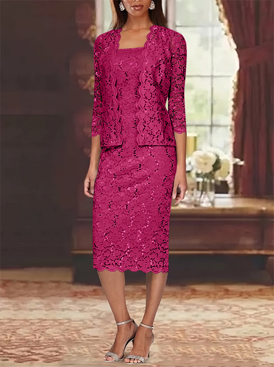 Sheath/Column 2 Pieces Scoop Lace Mother of the Bride Dresses with Jacket 3/4 Sleeves Knee-Length