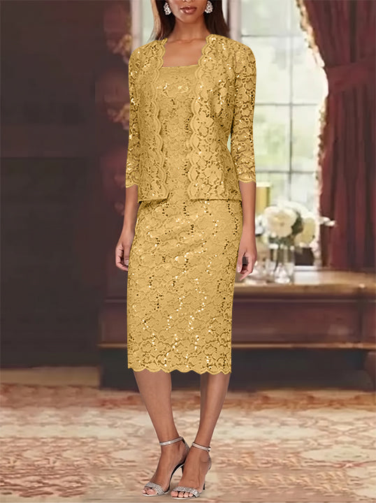Sheath/Column 2 Pieces Scoop Lace Plus Size Mother of the Bride Dresses with Jacket 3/4 Sleeves Knee-Length