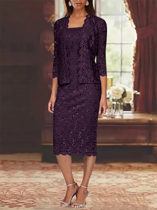 Sheath/Column 2 Pieces Scoop Lace Plus Size Mother of the Bride Dresses with Jacket 3/4 Sleeves Knee-Length
