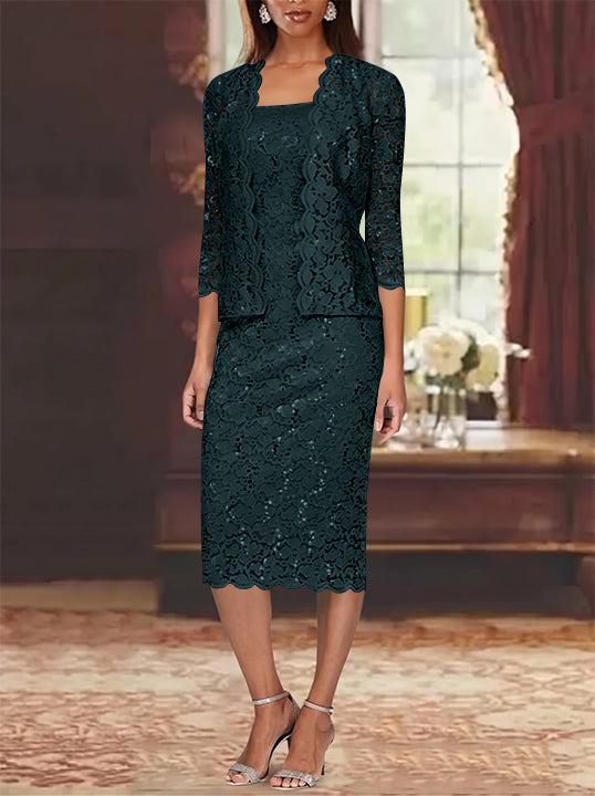 Sheath/Column 2 Pieces Scoop Lace Plus Size Mother of the Bride Dresses with Jacket 3/4 Sleeves Knee-Length