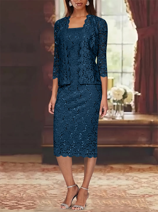 Sheath/Column 2 Pieces Scoop Lace Plus Size Mother of the Bride Dresses with Jacket 3/4 Sleeves Knee-Length