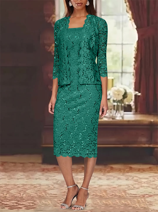 Sheath/Column 2 Pieces Scoop Lace Plus Size Mother of the Bride Dresses with Jacket 3/4 Sleeves Knee-Length