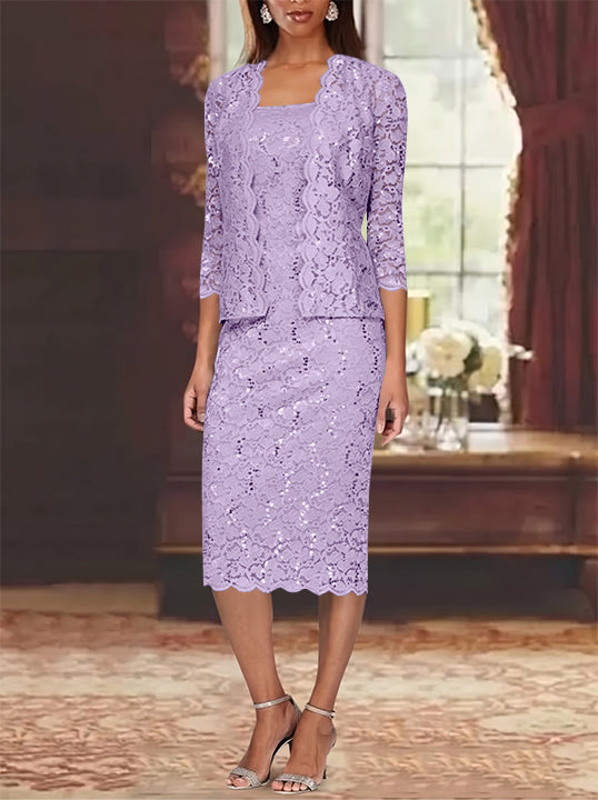 Sheath/Column 2 Pieces Scoop Lace Plus Size Mother of the Bride Dresses with Jacket 3/4 Sleeves Knee-Length