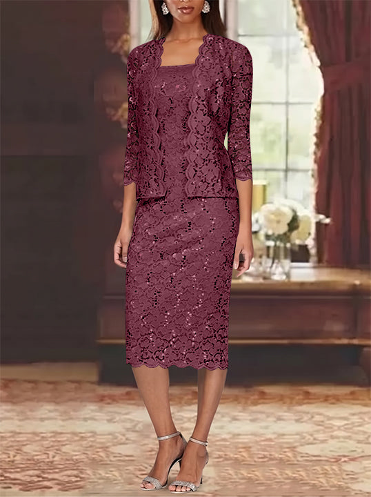 Sheath/Column 2 Pieces Scoop Lace Plus Size Mother of the Bride Dresses with Jacket 3/4 Sleeves Knee-Length