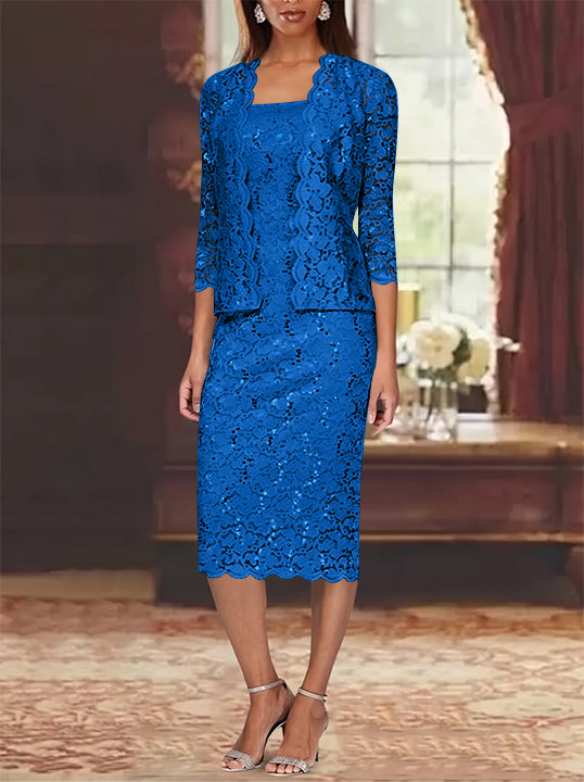 Sheath/Column 2 Pieces Scoop Lace Plus Size Mother of the Bride Dresses with Jacket 3/4 Sleeves Knee-Length
