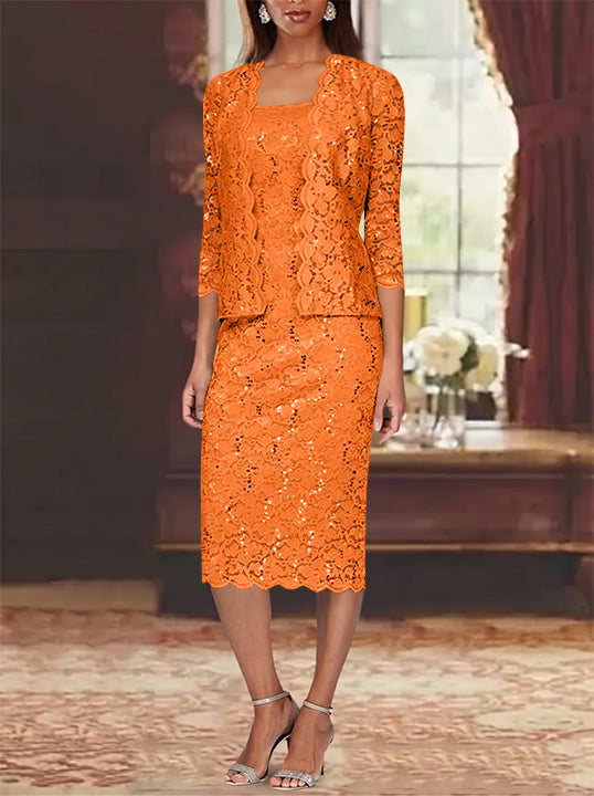 Sheath/Column 2 Pieces Scoop Lace Plus Size Mother of the Bride Dresses with Jacket 3/4 Sleeves Knee-Length
