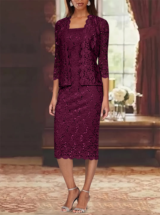 Sheath/Column 2 Pieces Scoop Lace Plus Size Mother of the Bride Dresses with Jacket 3/4 Sleeves Knee-Length