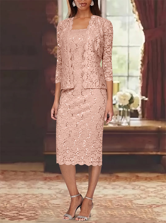 Sheath/Column 2 Pieces Scoop Lace Plus Size Mother of the Bride Dresses with Jacket 3/4 Sleeves Knee-Length