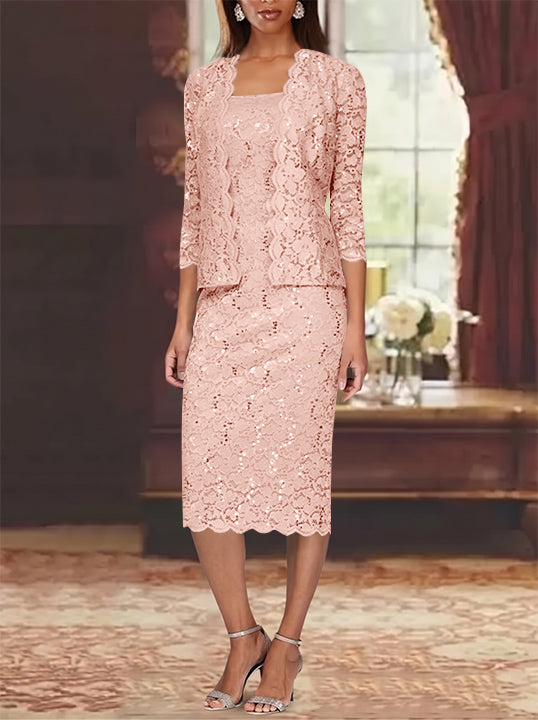 Sheath/Column 2 Pieces Scoop Lace Plus Size Mother of the Bride Dresses with Jacket 3/4 Sleeves Knee-Length