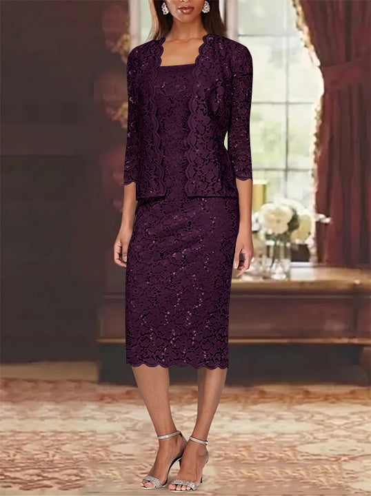 Sheath/Column 2 Pieces Scoop Lace Plus Size Mother of the Bride Dresses with Jacket 3/4 Sleeves Knee-Length