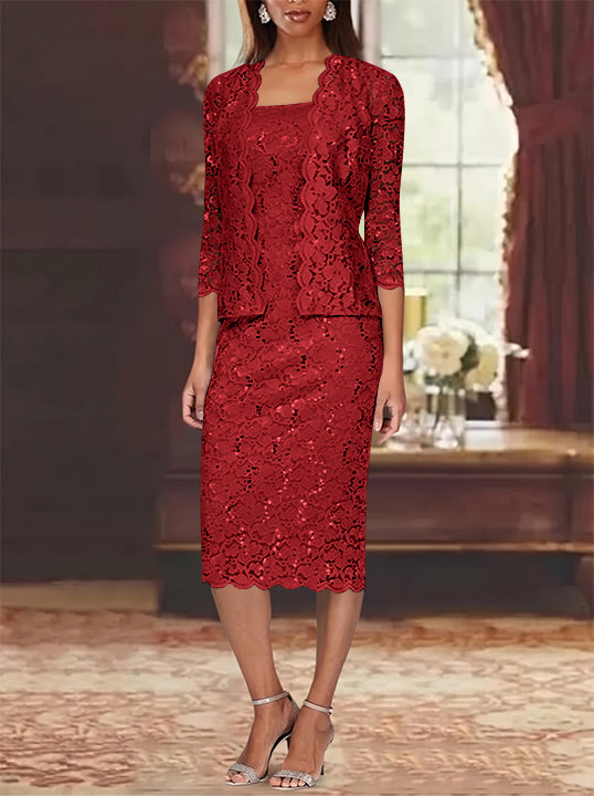 Sheath/Column 2 Pieces Scoop Lace Plus Size Mother of the Bride Dresses with Jacket 3/4 Sleeves Knee-Length
