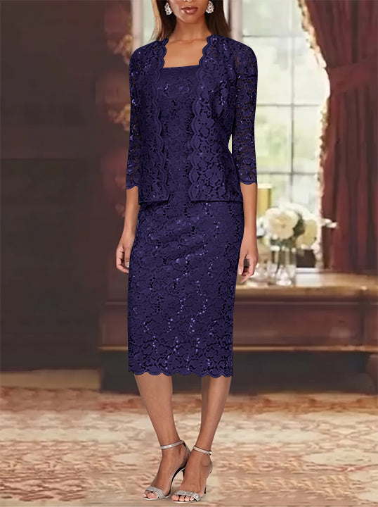 Sheath/Column 2 Pieces Scoop Lace Plus Size Mother of the Bride Dresses with Jacket 3/4 Sleeves Knee-Length