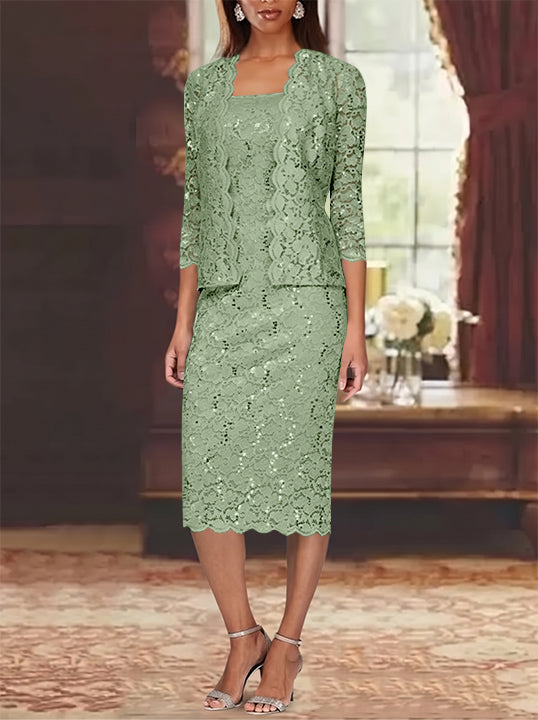Sheath/Column 2 Pieces Scoop Lace Plus Size Mother of the Bride Dresses with Jacket 3/4 Sleeves Knee-Length