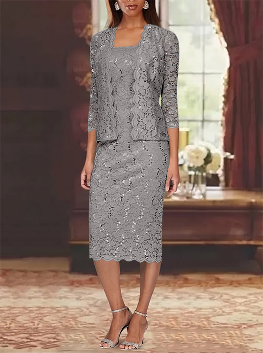 Sheath/Column 2 Pieces Scoop Lace Plus Size Mother of the Bride Dresses with Jacket 3/4 Sleeves Knee-Length