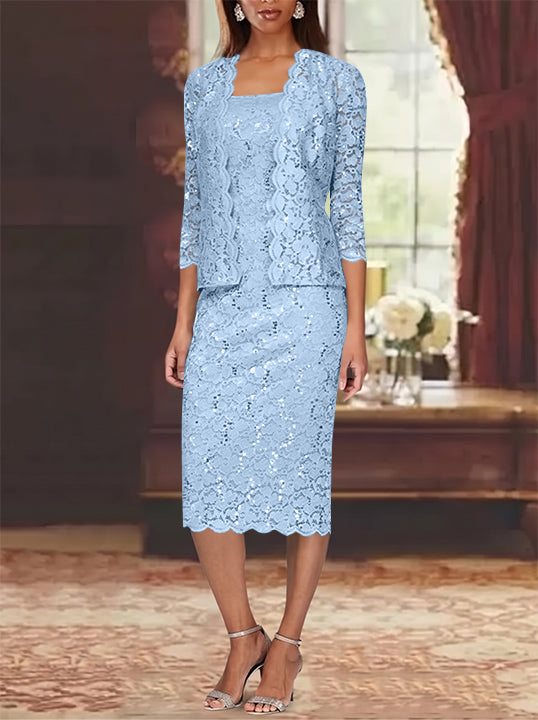 Sheath/Column 2 Pieces Scoop Lace Plus Size Mother of the Bride Dresses with Jacket 3/4 Sleeves Knee-Length