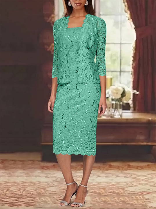 Sheath/Column 2 Pieces Scoop Lace Plus Size Mother of the Bride Dresses with Jacket 3/4 Sleeves Knee-Length