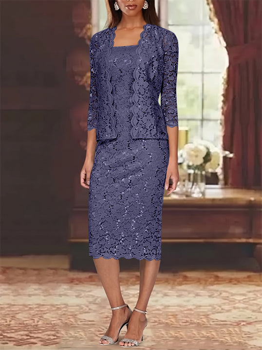 Sheath/Column 2 Pieces Scoop Lace Plus Size Mother of the Bride Dresses with Jacket 3/4 Sleeves Knee-Length