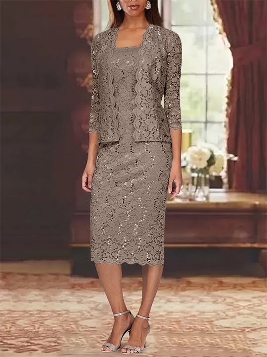 Sheath/Column 2 Pieces Scoop Lace Plus Size Mother of the Bride Dresses with Jacket 3/4 Sleeves Knee-Length