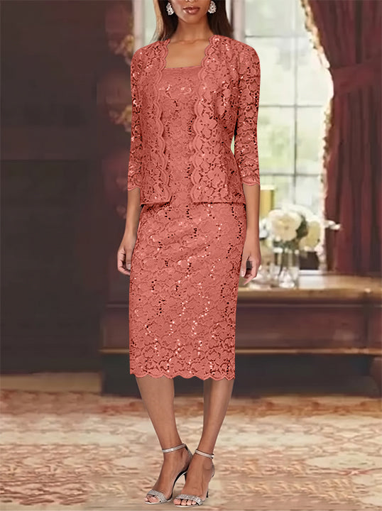 Sheath/Column 2 Pieces Scoop Lace Plus Size Mother of the Bride Dresses with Jacket 3/4 Sleeves Knee-Length
