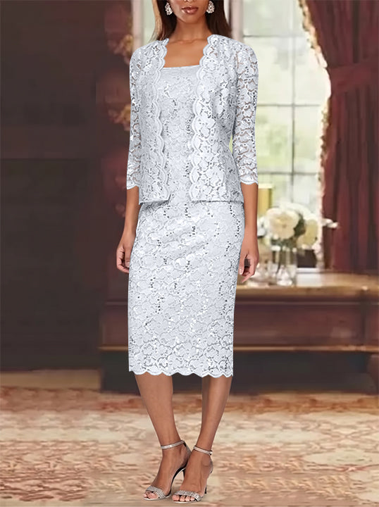 Sheath/Column 2 Pieces Scoop Lace Plus Size Mother of the Bride Dresses with Jacket 3/4 Sleeves Knee-Length