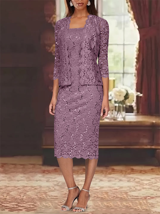 Sheath/Column 2 Pieces Scoop Lace Plus Size Mother of the Bride Dresses with Jacket 3/4 Sleeves Knee-Length