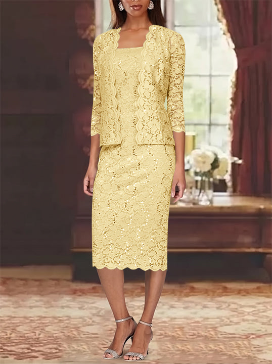 Sheath/Column 2 Pieces Scoop Lace Plus Size Mother of the Bride Dresses with Jacket 3/4 Sleeves Knee-Length