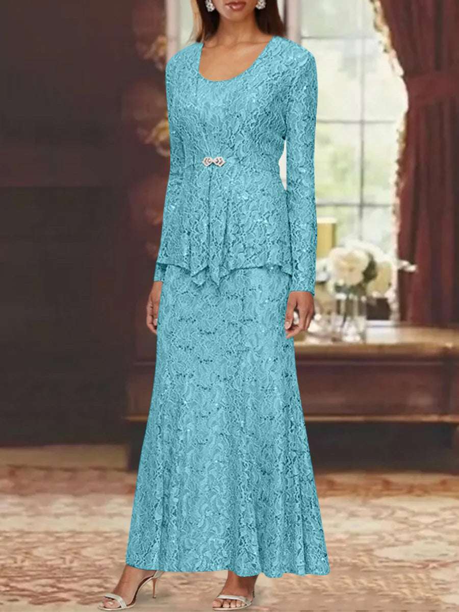 A-Line/Princess 2 Pieces Scoop Lace Mother of the Bride Dresses with Jacket Long Sleeves Ankle-Length Blue A-Line/Princess 2 Pieces Scoop Lace Mother of the Bride Dresses with Jacket Long Sleeves Ankle-Length Blue