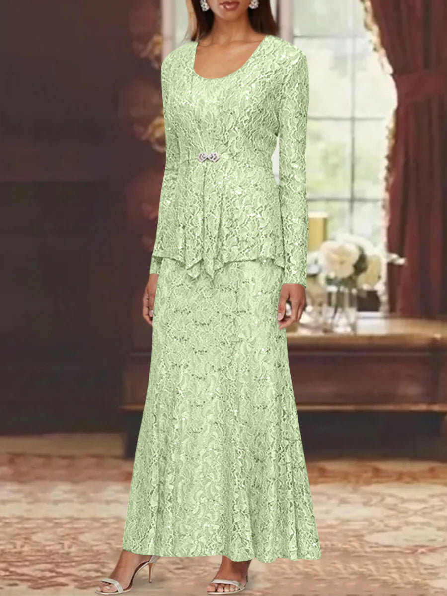 A-Line/Princess 2 Pieces Scoop Lace Mother of the Bride Dresses with Jacket Long Sleeves Ankle-Length White A-Line/Princess 2 Pieces Scoop Lace Mother of the Bride Dresses with Jacket Long Sleeves Ankle-Length White