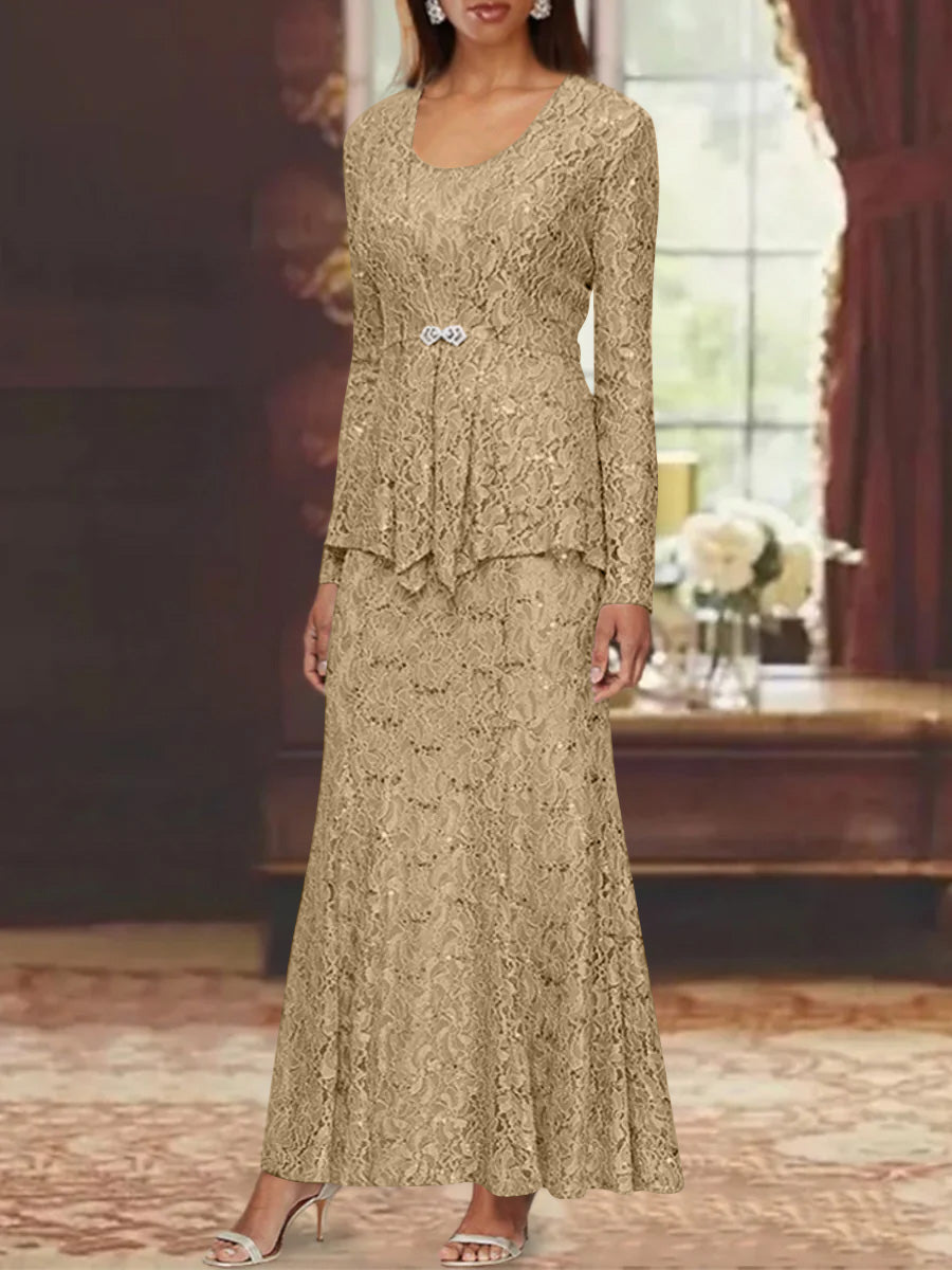 A-Line/Princess 2 Pieces Scoop Lace Mother of the Bride Dresses with Jacket Long Sleeves Ankle-Length White A-Line/Princess 2 Pieces Scoop Lace Mother of the Bride Dresses with Jacket Long Sleeves Ankle-Length White