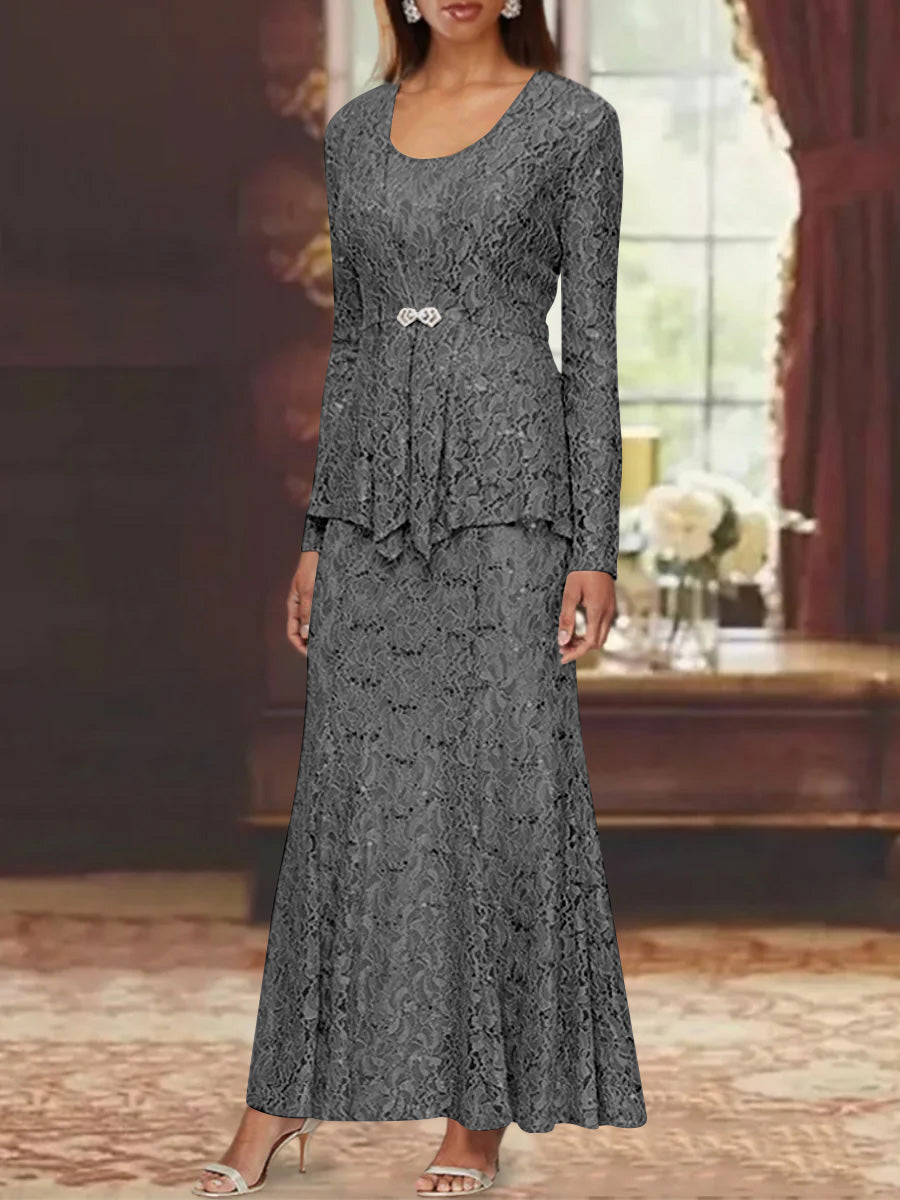 A-Line/Princess 2 Pieces Scoop Lace Mother of the Bride Dresses with Jacket Long Sleeves Ankle-Length