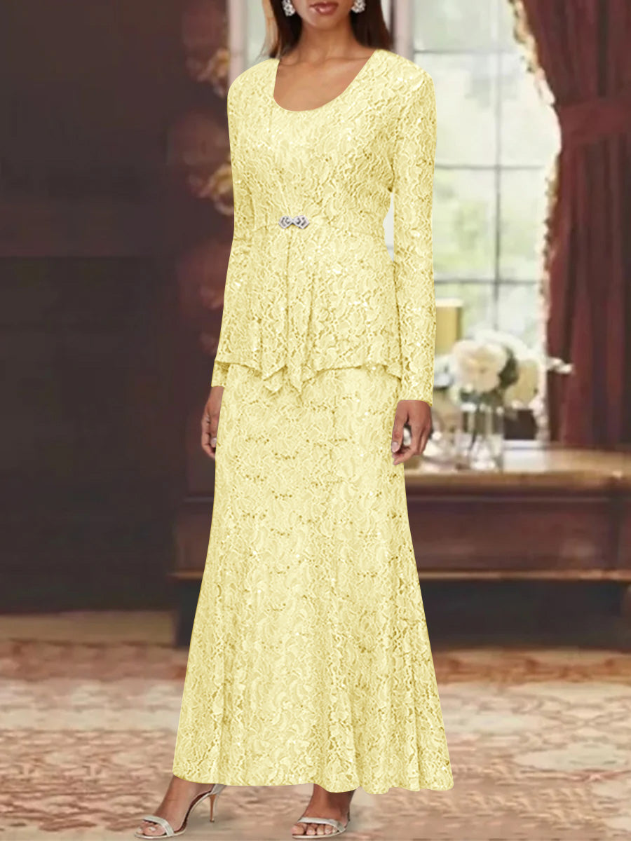 A-Line/Princess 2 Pieces Scoop Lace Mother of the Bride Dresses with Jacket Long Sleeves Ankle-Length