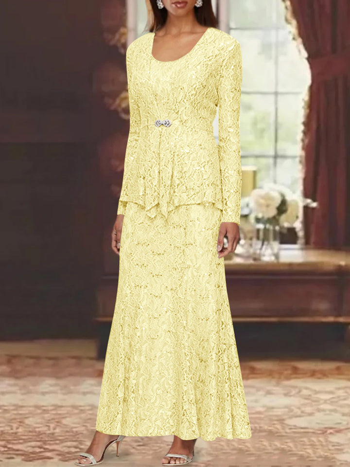 A-Line/Princess 2 Pieces Scoop Lace Mother of the Bride Dresses with Jacket Long Sleeves Ankle-Length