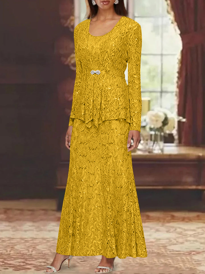A-Line/Princess 2 Pieces Scoop Lace Mother of the Bride Dresses with Jacket Long Sleeves Ankle-Length