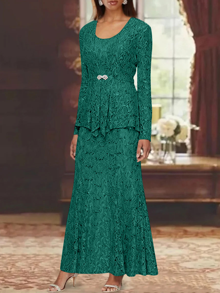 A-Line/Princess 2 Pieces Scoop Lace Mother of the Bride Dresses with Jacket Long Sleeves Ankle-Length