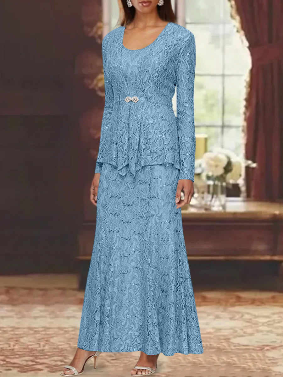 A-Line/Princess 2 Pieces Scoop Lace Mother of the Bride Dresses with Jacket Long Sleeves Ankle-Length Light Blue A-Line/Princess 2 Pieces Scoop Lace Mother of the Bride Dresses with Jacket Long Sleeves Ankle-Length Light Blue