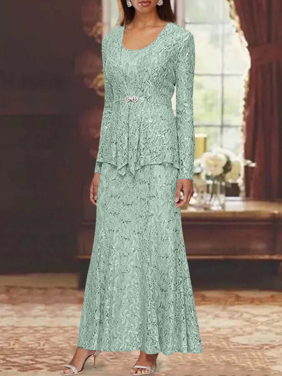 A-Line/Princess 2 Pieces Scoop Lace Mother of the Bride Dresses with Jacket Long Sleeves Ankle-Length Mist Blue A-Line/Princess 2 Pieces Scoop Lace Mother of the Bride Dresses with Jacket Long Sleeves Ankle-Length Mist Blue