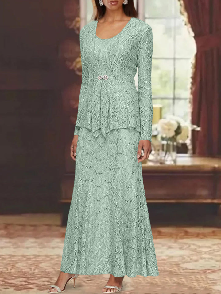A-Line/Princess 2 Pieces Scoop Lace Mother of the Bride Dresses with Jacket Long Sleeves Ankle-Length