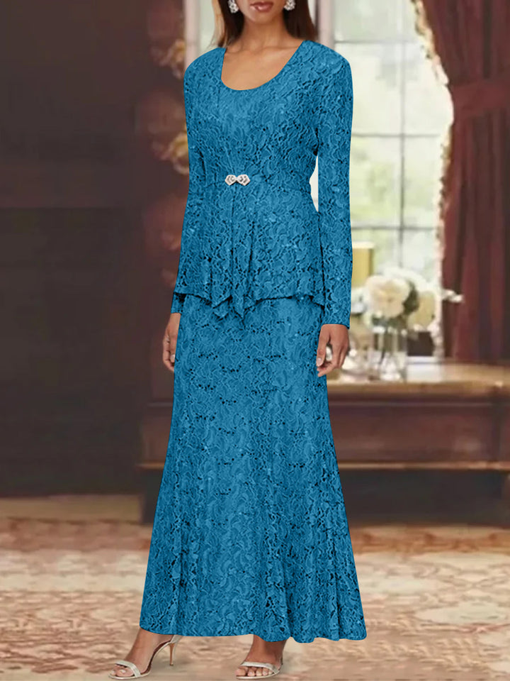 A-Line/Princess 2 Pieces Scoop Lace Mother of the Bride Dresses with Jacket Long Sleeves Ankle-Length