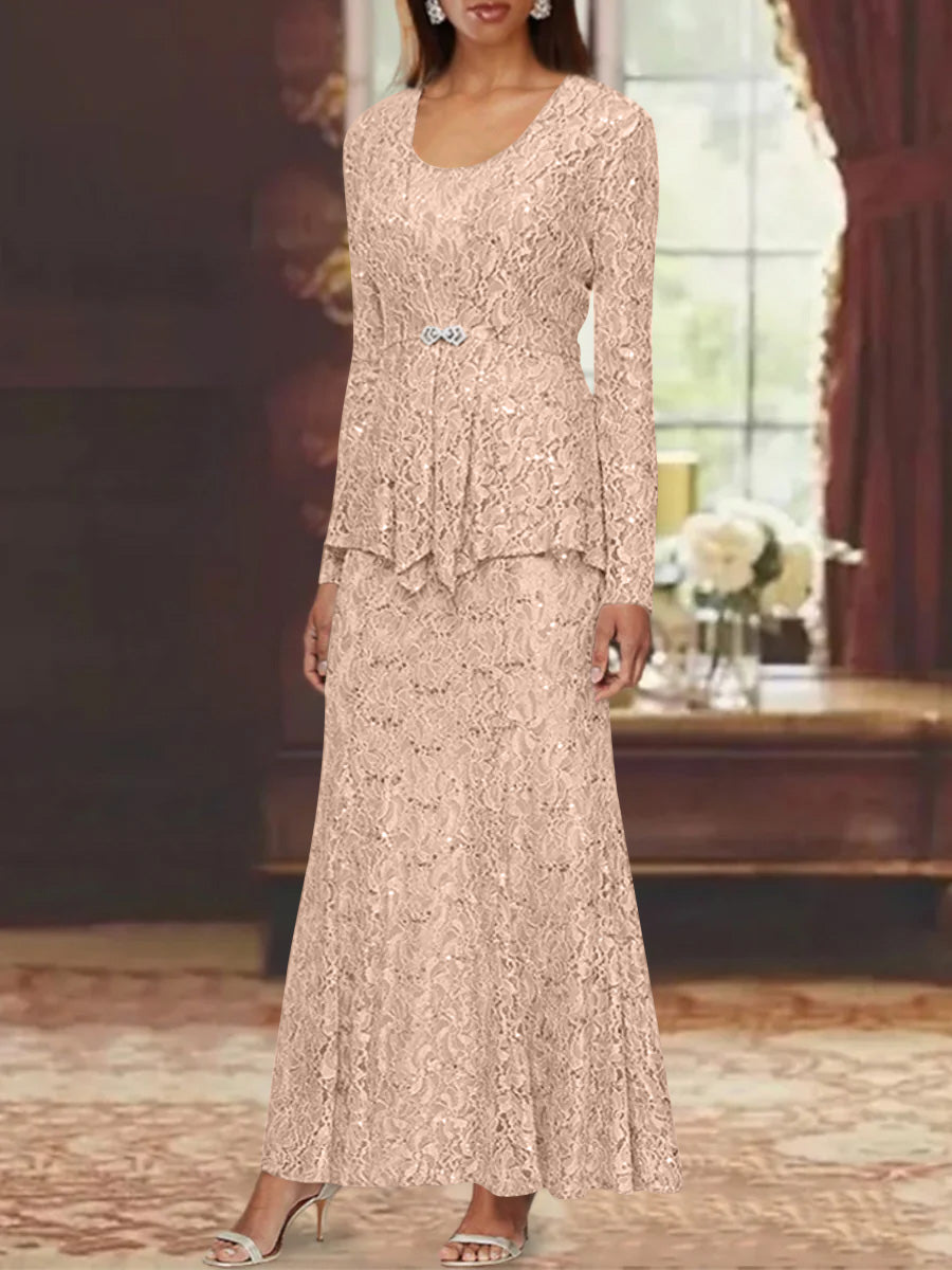 A-Line/Princess 2 Pieces Scoop Lace Mother of the Bride Dresses with Jacket Long Sleeves Ankle-Length Pearl Pink A-Line/Princess 2 Pieces Scoop Lace Mother of the Bride Dresses with Jacket Long Sleeves Ankle-Length Pearl Pink