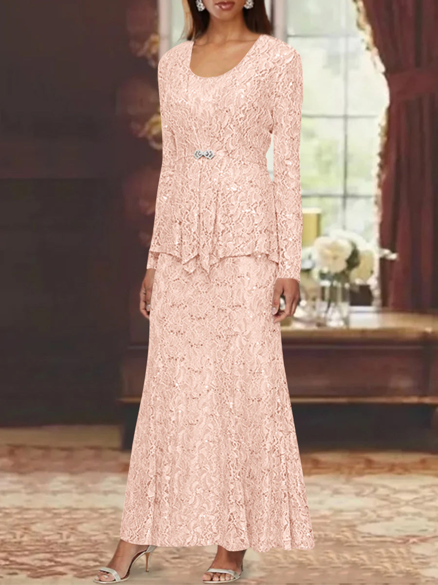 A-Line/Princess 2 Pieces Scoop Lace Mother of the Bride Dresses with Jacket Long Sleeves Ankle-Length White A-Line/Princess 2 Pieces Scoop Lace Mother of the Bride Dresses with Jacket Long Sleeves Ankle-Length White