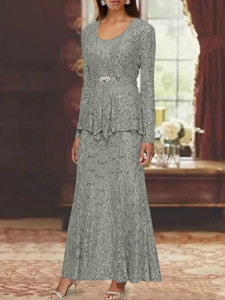 A-Line/Princess 2 Pieces Scoop Lace Mother of the Bride Dresses with Jacket Long Sleeves Ankle-Length